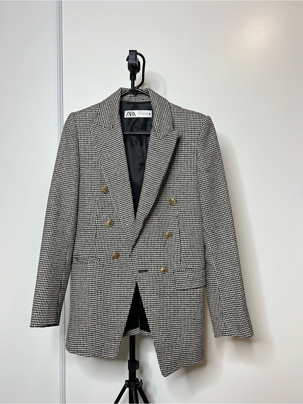 Zara Black & White Houndstooth Double-Breasted Blazer